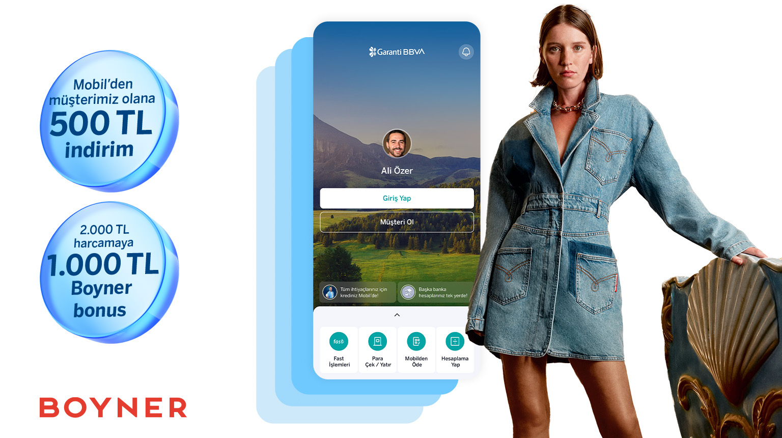 Boyner’de 1.500 TL’ye varan fırsat! BOYNER25 kodu ile Garanti BBVA Mobil’den müşterimiz olun, Boyner’den 500 TL indirim kazanın! Üstelik Bonus ile 2.000 TL Boyner harcamanıza 1.000 TL Boyner Bonus fırsatından yararlanın!